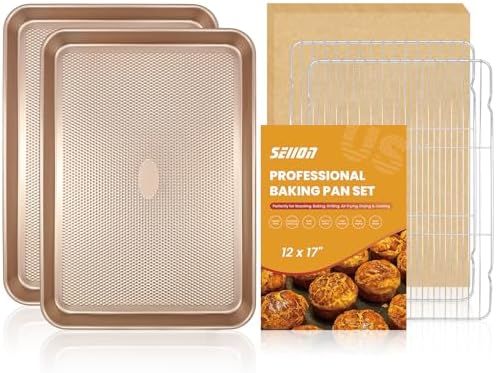 2 Pack Baking Sheets with 2 Wire Racks & 50 Pre-Cut Parchment Papers | Heavy Duty Nonstick Cookie Pans (17.5"x11.8") | Warp-Resistant Oven Roasting Set for Meal Prep & Holiday Gifts