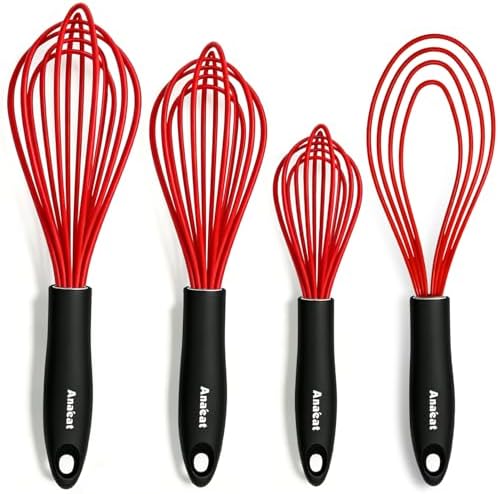 Anaeat Silicone Kitchen Whisk Set of 4, Perfect for Non-Stick Cookware, Milk and Egg Beater Blender for Whisking, Cooking, Baking, Beating - 11'' Flat Whisk and 9''+11''+12'' Balloon Whisks (Red)