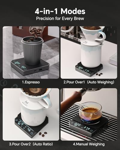 Espresso Scale with Timer - MUVNA Mini Coffee Scale 0.1g Precision Rechargeable, Metal Body Portable Digital Scale for Pour Over/Espresso with Flow Rate Display, Automatic Timing, Black