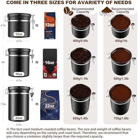 ShanSon Coffee Canister Airtight, Stainless Steel Bean Storage Container with Date Tracker & Scoop, Grounds Sugar Flour Tea Cereal Fits Kitchen Pantry, Ideal Gift for Coffee Lovers,12oz, Black