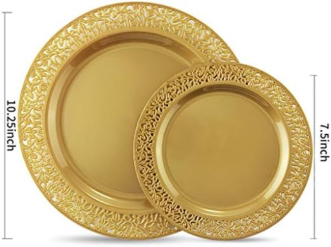 I00000 102 PCS Brown Gold Plastic Plates, Lace Design Disposable Plates, BPA Free Plates Includes: 51 Dinner Plates 10.25 Inch and 51 Salad/Dessert Plates 7.5Inch for Wedding and Party