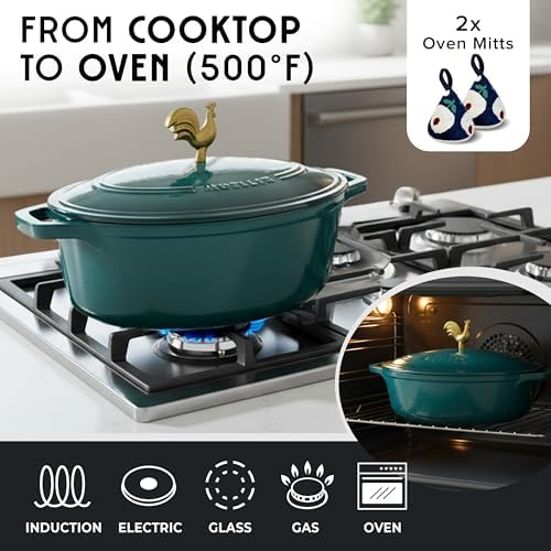 MUELLER HOME 5.5 Quart Enameled Cast Iron Oval Dutch Oven with Rooster Knob and Cotton Potholders, Heavy-Duty Cookware, Oven-Safe up to 500° F & Across All Cooktops, Thanksgiving Essentials, Emerald