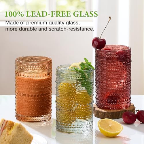 Colored Hobnail Drinking Glasses Set of 6, 12oz Vintage Kitchen Glassware, Embossed Beaded Glass Cups, Water Glasses, Colorful Water Tumbler for Cocktail, Juice, Various Mixed Drink (Dishwasher Safe)