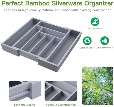 Pipishell Bamboo Expandable Silverware Drawer Organizer, Gray, Medium