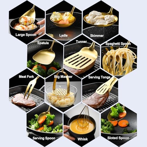 Gold Kitchen Cooking Utensils Set 13 PCS Stainless Steel 12-13.7"