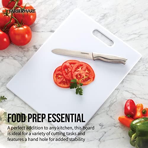 FARBERWARE Large Cutting Board, Dishwasher- Safe Plastic Chopping Board for Kitchen with Easy Grip Handle, 11in by 14in, White