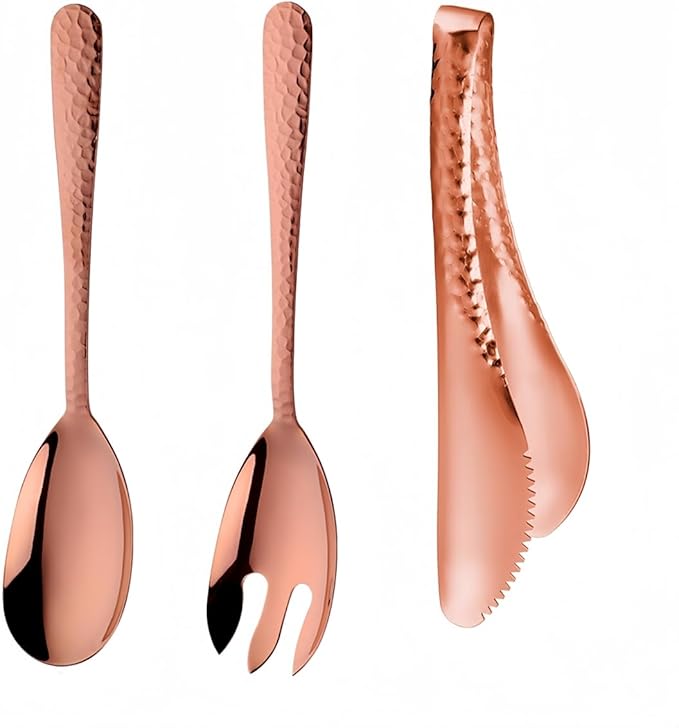 Salad Spoon and Fork Metal Tong Serving Set, Heavy Duty Hammered Finish 18/10 Stainless Steel Serving Utensils Large Salad Servers for Kitchen Party Buffet Supply (Rose Gold)