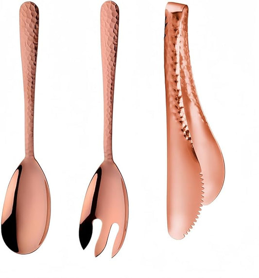 Salad Spoon and Fork Metal Tong Serving Set, Heavy Duty Hammered Finish 18/10 Stainless Steel Serving Utensils Large Salad Servers for Kitchen Party Buffet Supply (Rose Gold)