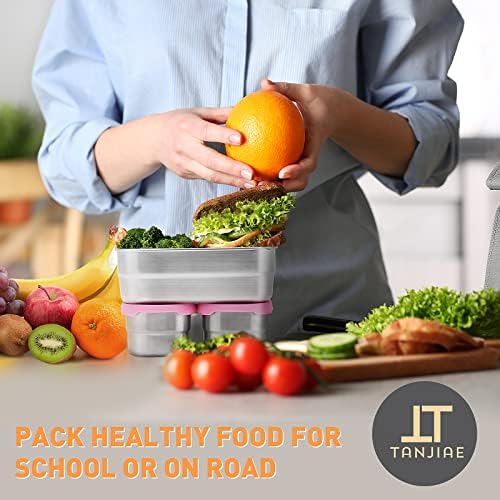 Tanjiae 3 CUP+1 CUP Stainless Steel Lunch Snack Containers Set | Leak Proof 304 Stainless Steel Food Containers with Silicone Lids - Perfect Metal Lunch Box for School and Daycare (25oz+8oz*2)