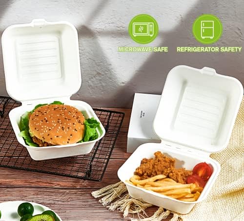 ECOLipak 200 Pack Clamshell Take Out Food Containers, 100% Compostable Disposable To Go Containers，6 * 6 inch To Go Boxes for Salad, Cake,Sandwiches
