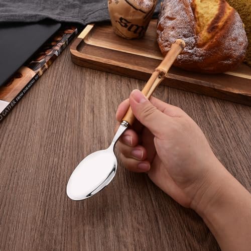 Bamboo Handle Silverware Set, 24-Piece Flatware Set for 6, Stainless Steel Cutlery Eating Utensils Include Forks Spoons and Knives for Daily Use and Party, Reusable and Modern Design