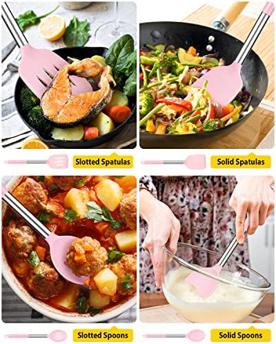 Pack of 4 Silicone Cooking Utensils Set, Non Stick Large Solid Spatulas, Heat Resistant Pink Slotted Spoons, Ideal BPA Free Kitchen Turners for Frying, Mixing,Serving,Draining,Turning,Stirring