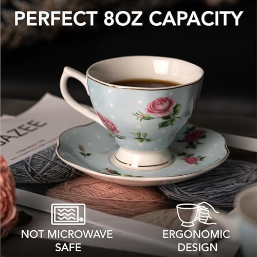 BTaT- Floral Tea Cups and Saucers, Set of 12, 8 oz, Fine Porcelain Teacup Set with Gold Trim for Afternoon Tea, Weddings, Parties & Gifting, Dishwasher Safe, Lightweight, Non-Toxic