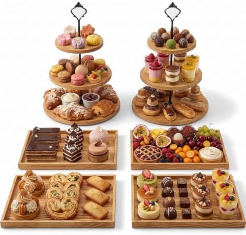 6pcs Wooden Dessert Table Display Set, 3 Tier Cupcake Stand Set with Serving Trays, Rustic Dessert Display Stand, Cake Stand Set for Wedding Dessert Table, Birthday, Baby Shower, Party Food Display, Home Decor