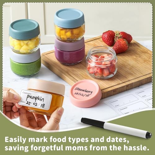NETANY 6 Pack 4 oz Glass Baby jars with Airtight Lids, Glass Baby Food Storage Containers,Overnight Oats Containers with Lids | Microwave, Dishwasher & Freezer Safe | Includes 10 Labels