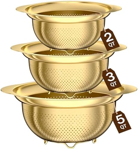 Stainless Steel Strainers for Kitchen, Stainless Steel Colander, Kitchen Strainer for Pasta Fruits Vegetables, 3 Pack Strainers and Colanders(5QT, 3QT, 2QT), Rust-Proof & Dishwasher Safe, Gold