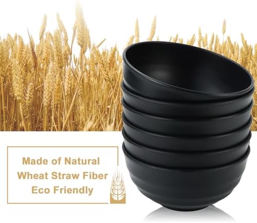 60oz Wheat Straw Bowls, Large Salad Bowls Set of 6 (Black)
