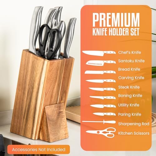 Acacia Wood Angled Knife Block with Multi-Purpose Holder – Universal Kitchen Knife Storage with Removable Bristle Insert (cinamon, regular medium)