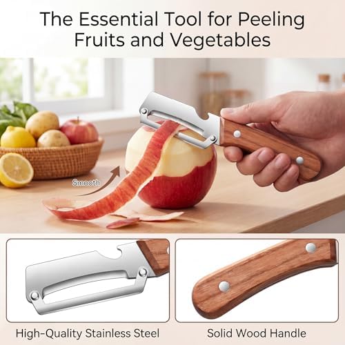 Premium Kitchen Peeler with Bottle Opener,Thickened by 1.8mm&420J2-Equivalent High-Carbon Stainless Steel Blade Multi-functional Peelers for Fruit&Vegetable with Wooden Handle,Right-Hand use [2 Pack]