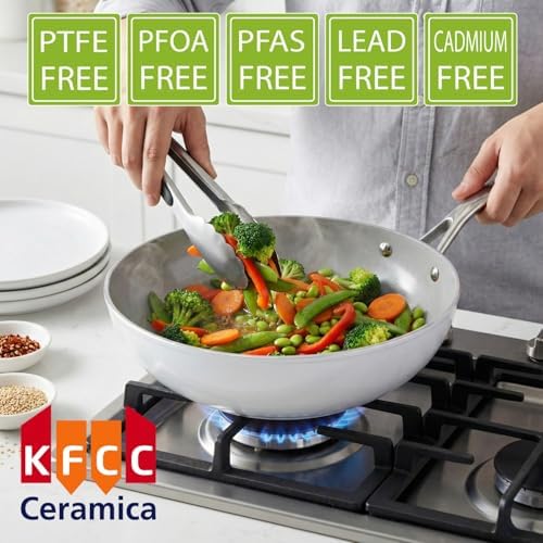 TECHEF - CeraTerra 12" Ceramic Nonstick Wok/Stir-Fry Pan with Glass Lid, (PTFE and PFOA Free Ceramic Exterior & Interior), Made in Korea (12-in with lid)