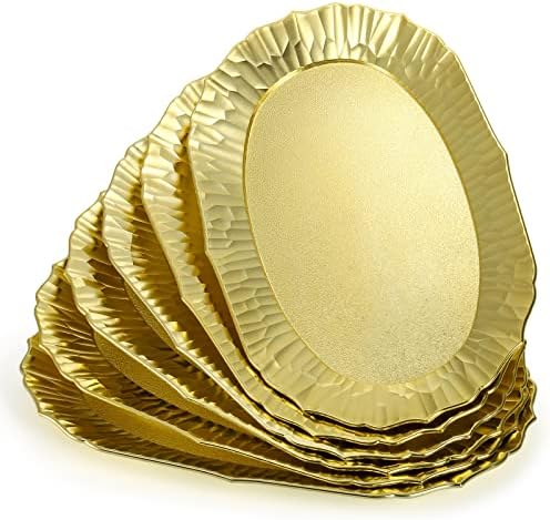 AVLA 6 Pack Plastic Serving Tray, Gold Serving Platter Set, Reusable Party Snack Serving Tray, Decorative Food Appetizer Platters for Dessert Table, Cupcake, Charcuterie, Cookies, 14" x 8.5"