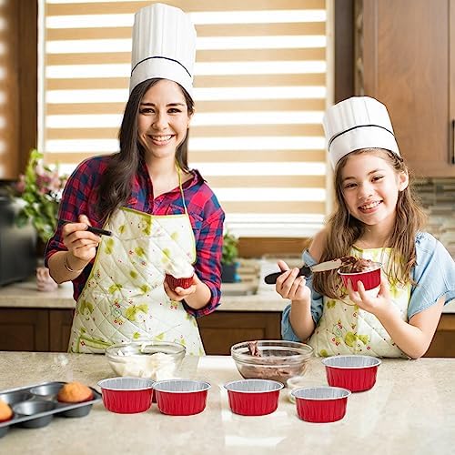 100Pcs Aluminum Cups with Lids,5oz Disposable Ramekin Baking Cups Muffin Liners Mini Pie Pans Foil Cupcake Containers for Christmas Party Wedding Party,Red