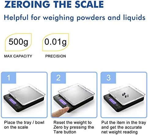 KitchenTour Mini Gram Scale for Coffee, Jewelry and Small Items, 500g x 0.01g Digital Pocket Scale with Tare, 6 Units, Back-Lit LCD, 2 Trays, Black
