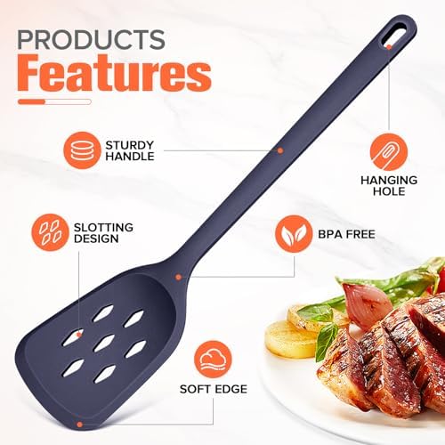 Silicone Spatula Set of 2 Pack, Heat Resistant Solid&Slotted Turner (BLUE)