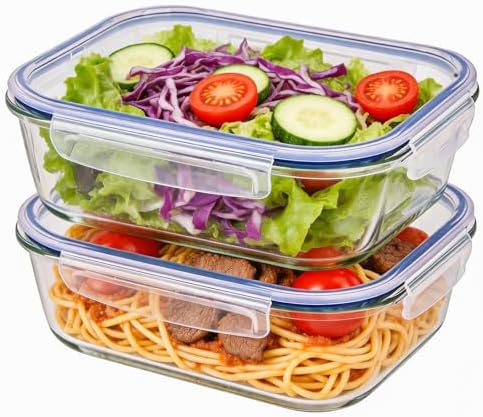 Liuruiyu 2 Pack 2260ml/76.4oz Glass Food Storage Containers with Lids, Meal Prep Containers, Airtight Bento Boxes with Leak Proof Locking for Microwave, Oven, Freezer and Dishwasher, BPA Free