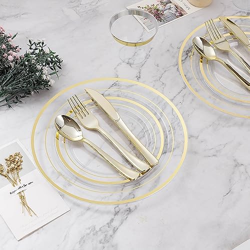 BESTVIP 200PCS Clear Gold Plastic Plate, Disposable Party Plates