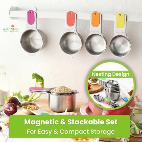 Spring Chef Magnetic Measuring Cups & Spoons Set of 15 with Levelers, Neon