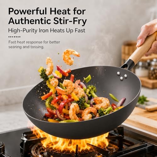 High-Purity Iron Carbon Steel Wok with Lid, 11.8 Inch Flat Bottom Wok Pan, Uncoated Stir Fry Pan with Wood Handle, Compatible with Gas, Electric, Induction and Ceramic Stoves