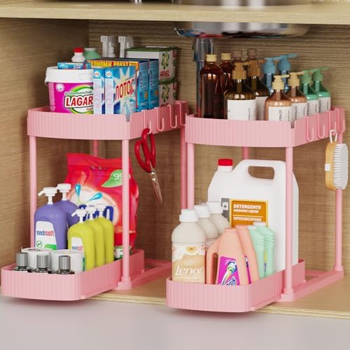 2 Packs Under Sink Pull-Out Storage Organizers, 12.8 Inches, Pink