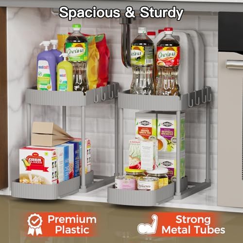 2 Packs Under Sink Pull-Out Storage Organizers, 14.8 Inches, Grey