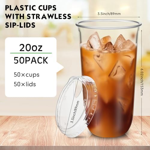 Baderke 50 Pcs Round Bottom Plastic Cups with Lids Clear Togo,20 Oz