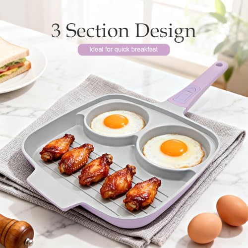 RANX INGST 10 Inch Grill Pan with Lid, 3 Section Nonstick Ceramic Egg Pan with Detachable Handle, Square Grill Skillet All Stove Compatible - Purple