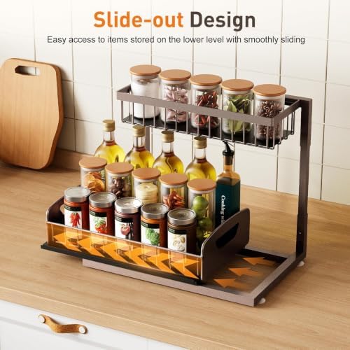 Under Kitchen Sink Organizer, Metal Pull Out Bathroom Organizers and Storage, 2-Tier Cabinet Organizer Shelf with Sliding Drawer, Home Organization for Kitchen, Laundry, Pantry, Brown, 2 pack