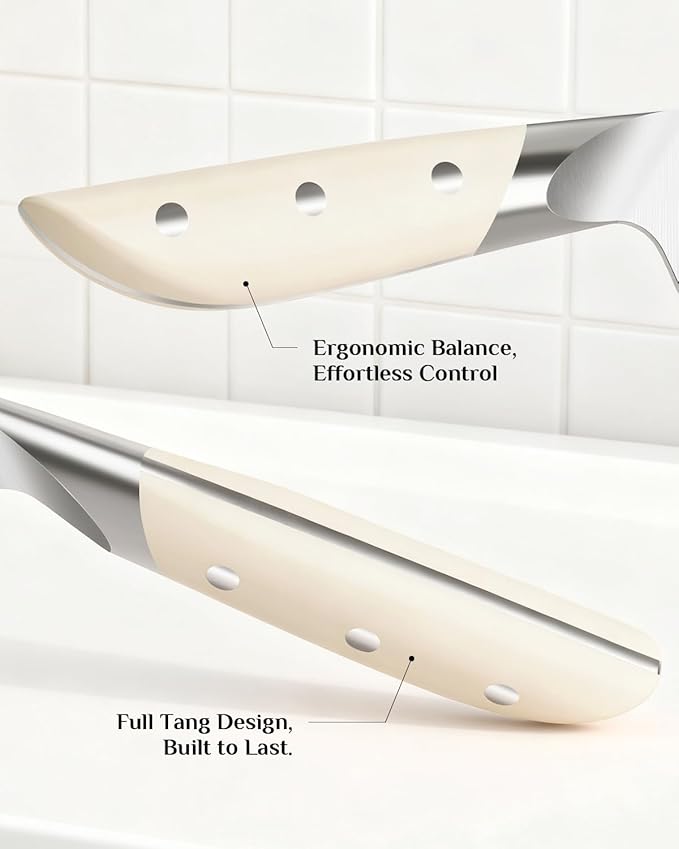Kitchen Knife Set with Block: 14-Piece German Stainless Steel Full Tang Professional Knife - Comfortable Grip Reduces Hand Fatigue 30% - Dishwasher Safe & Sharpener - White Knife Set for Cooking