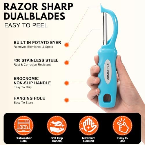 Rainspire Vegetable Peeler Potato Peelers for Kitchen, Sharp Stainless Steel Blades Veggie, Comfortable Handle Fruit Peeler, Carrot Peeler Apple Peeler Dishwasher Safe (2, Blue)