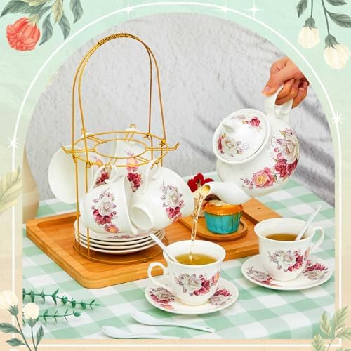 Zhehao 20 Pcs Porcelain Tea Set for Adult, with Metal Holder, Grace