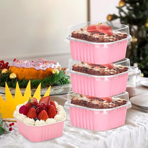 30Pack 5oz Pink Mini Cake Pans with Lids and Spoons Baking Cups Aluminum Foil Pans Tins, Individual Dessert Cups Containers for Sales,Party,Picnics