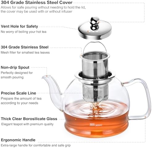 STNTUS Glass Teapot, 40 oz. / 1200 ml for Loose Tea, With Infuser and Stainless Steel Strainer, Stovetop Safe, 4-6 Cups