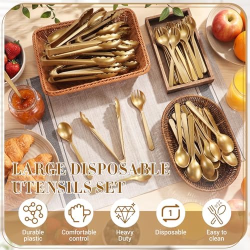 FoldTier 72 Pcs Disposable Plastic Serving Utensils Set Gold Serving Spoons Forks Tongs, Disposable Utensils for Party Weddings Birthday Dinner Buffets Banquets