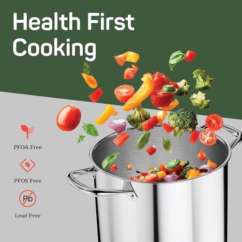 Stainless Steel Stockpot with Tempered Glass Lid 16 Quart, Durable 18/0 Stainless Steel, Impact-Bonded Base for Even Heating, Riveted Handles, Oven & All Stove Compatible, Safe Up To 500°F (260°C)