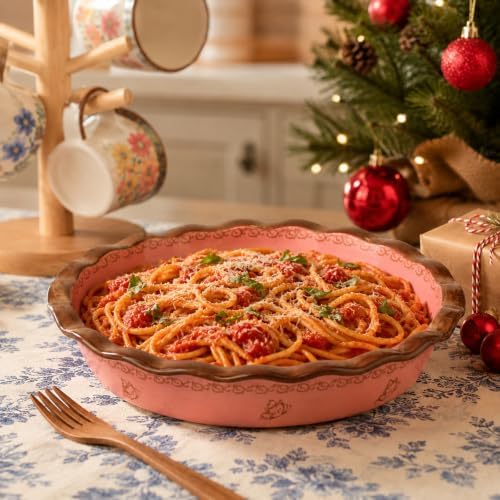 Ceramic Pie Pan for Baking, 10.6 inch Hand-Painted Pie Plate for Cooking, 37 oz Deep Dish Pie Pans, Non-Stick Pie Dishes for Apple Pie, Tart, Pizza, Quiche, Oven & Dishwasher Safe, Lead-Free, Pink