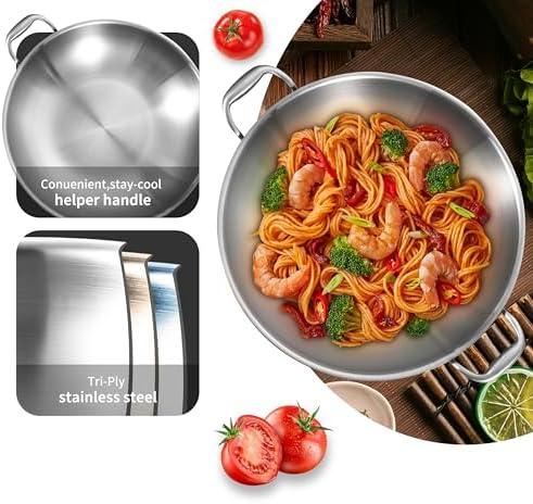 14.5 Inch Stainless Steel Wok with Steel Lid | Jumbo Cooker | Dual Handles