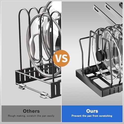 Mustorn 2 Pack Pots and Pans Organizer Under Cabinet, 21.6" Deep Pull Out Pot Lid Organizer Holder with Guardrail Adhesive Pot and Pan Holder Rack with 10 Adjustable Dividers(Black)