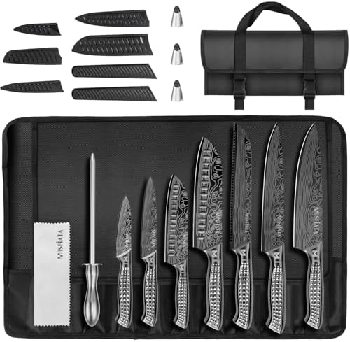 MOSFiATA Kitchen Knife Set, 12Pcs Japanese Stainless Steel Knife Sets for Kitchen with Oxford cloth storage bag with Knife Sharpening Rod, Dishwasher Safe, For Outdoor(grey)