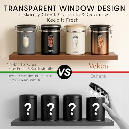 Veken Coffee Canister with Window, Airtight Stainless Steel Container,Date Tracker, Kitchen Food Storage Jars for Beans, Ground, Espresso, Rice,Tea, Sugar, Cereal, Gifts, Scoop, Grey, 22OZ (Pack of 2)