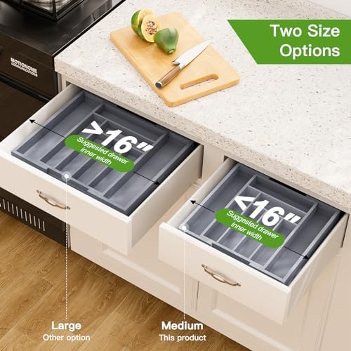 Pipishell Bamboo Expandable Silverware Drawer Organizer, Gray, Medium